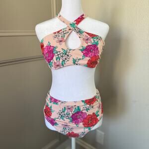 Xhilaration Size Large Floral Bikini Halter Top Tie Details Pink -L0218